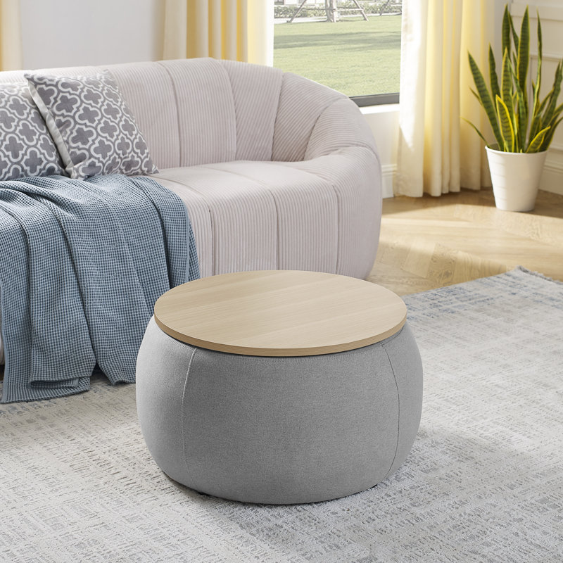 Dariyan Round Storage Ottoman, Light Gray Fabric