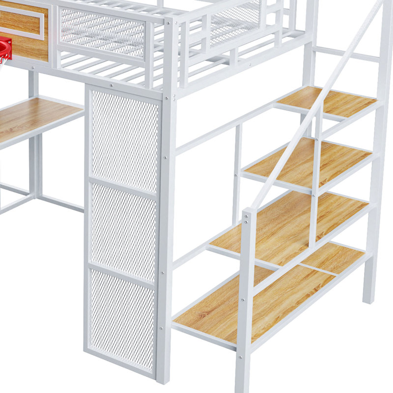 Lit mezzanine en métal blanc avec bureau, garde-robe, cerceau, glissade et escalier, Blanc