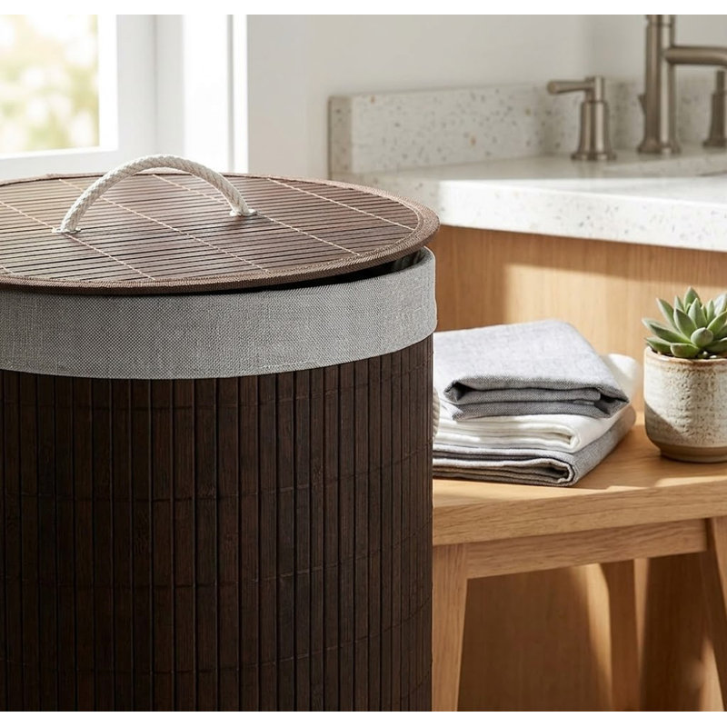 Bamboo Hamper With Lid Round 58 Lt Natural, Dark Brown Wood