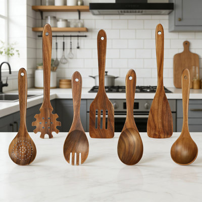 7-Piece Teak Wooden Cooking Utensil Set With Spatula And Ladle, Heat-Resistant Kitchen Tools For Nonstick Pans, Eco-Friendly And Durable