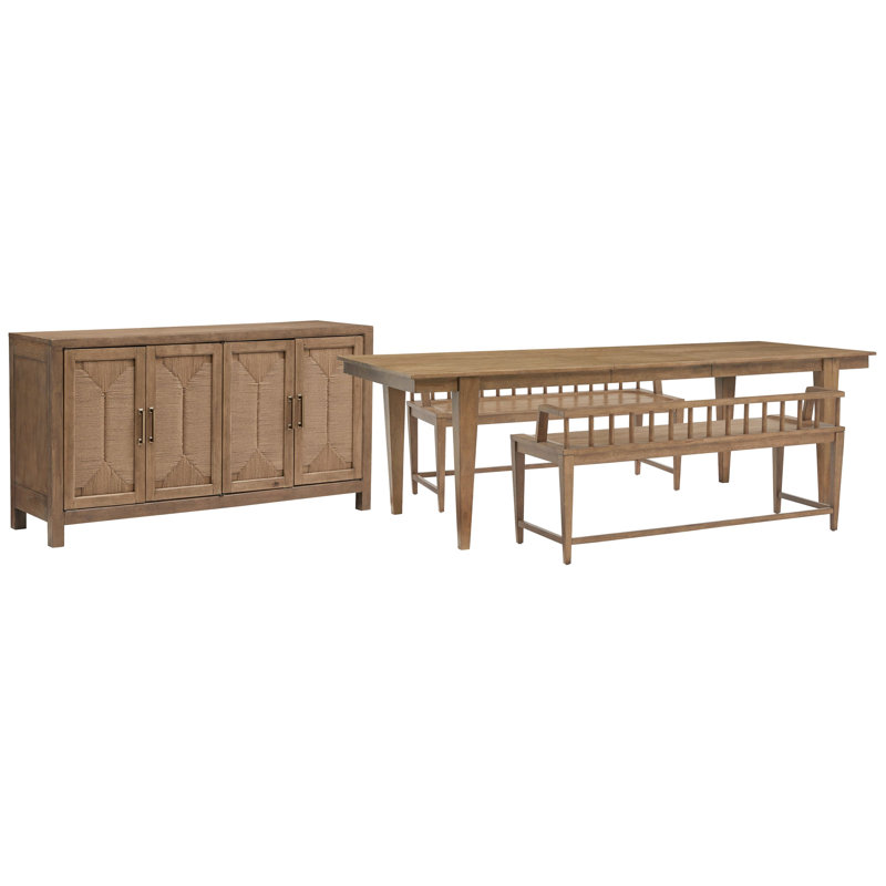 Extendable Rectangular Dining Table With 2 Arm Benches And Buffet, 4 Pcs: Table, 2 Benches, Buffet