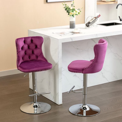 Swivel Velvet Barstools Adjusatble Seat Height From 25-33 Inch, Modern Upholstered Base Bar Stools With Backs Comfortable Tufted For Home Pub And Kitchen Island, Set Of 2