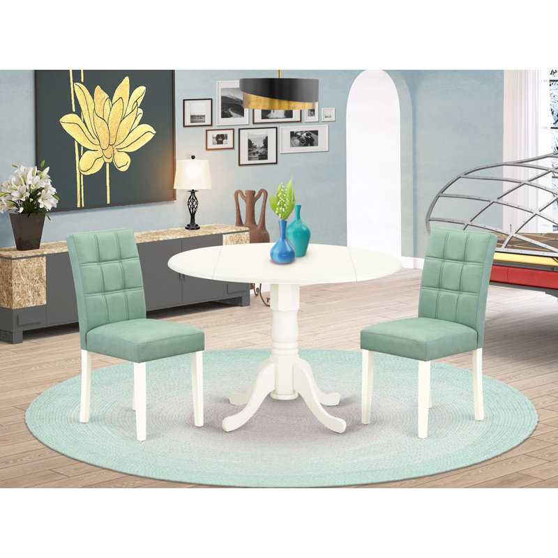 Dashanna Round 42'' Dining Set,  Linen White,  3 Pieces: Table, 2 Chairs, Willow Green