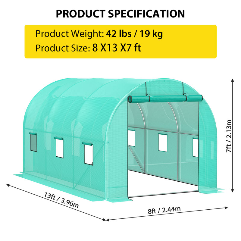 Serre extérieure 8 po x 13 po x 7 pi, structure en acier galvanisé, housse PE isolée, 2 portes et 6 fenêtres, avec outils d'installation pour plantes et légumes