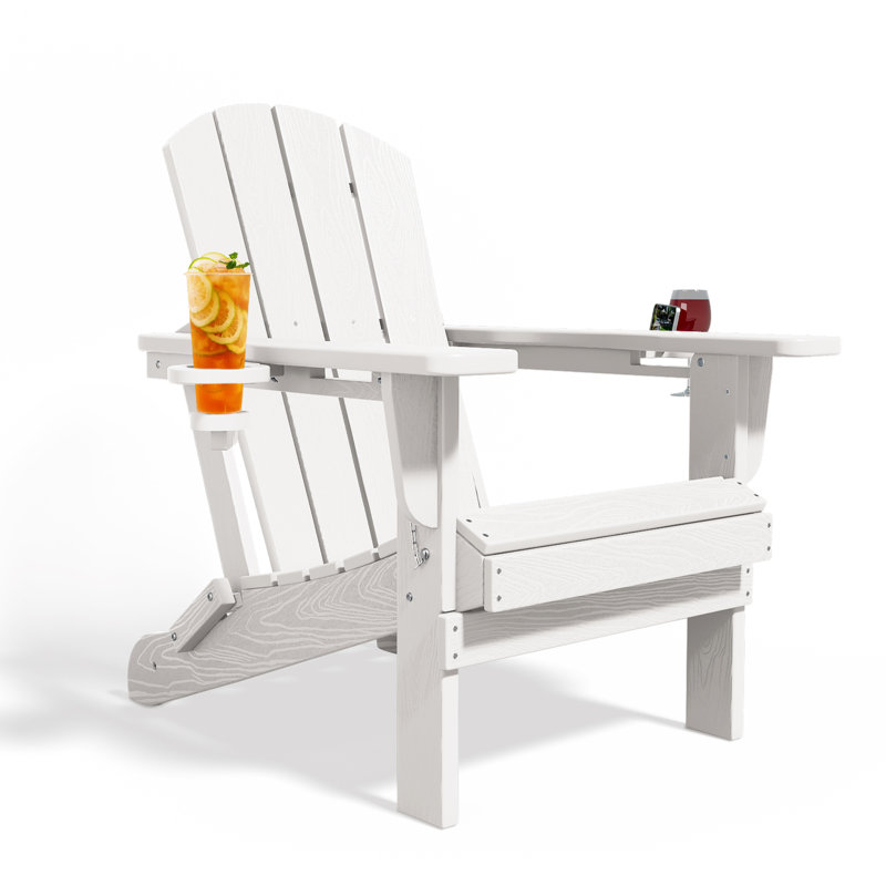 Delman High Density Polyethylene Folding Adirondack Chair With Double Cup Holder, White