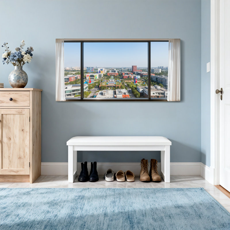 Vue de paysage urbain à travers un cadre de fenêtre Z251225161612195164, H 16 po x l 32 po