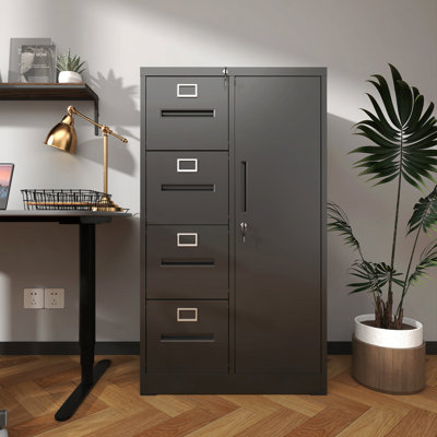 4-Drawer/1-Door Vertical Filing Locker, Metal with Lock - Black