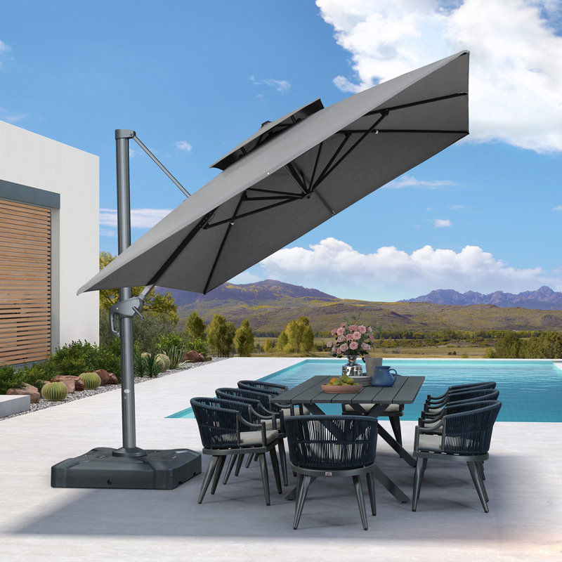 Parasol de patio extérieur en porte-à-faux 10 'x 13' avec base 330lbs, Gris brumeux