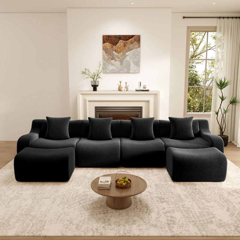 Canapé modulaire en U à 4 places avec accoudoirs incurvés et accoudoirs courbés, noir, Noir