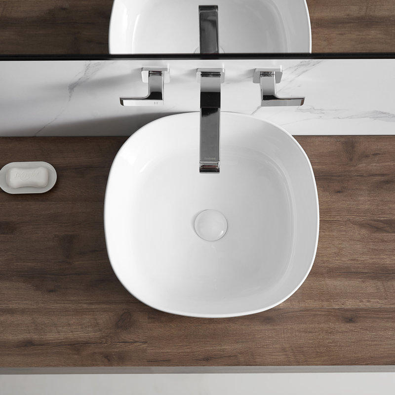 Lavabo de salle de bain vasque carré en porcelaine vitrifiée avec drain escamotable L 17 po x l 17 po