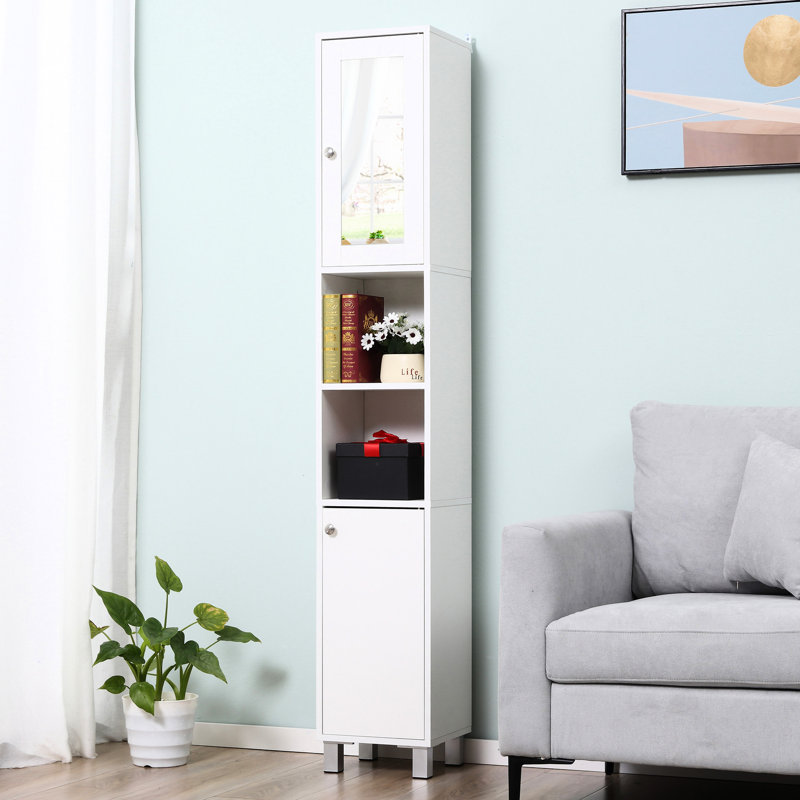 Tall Wooden Freestanding Bathroom Storage Cabinet With Adjustable Shelves And Mirrored Door For Modern Spaces