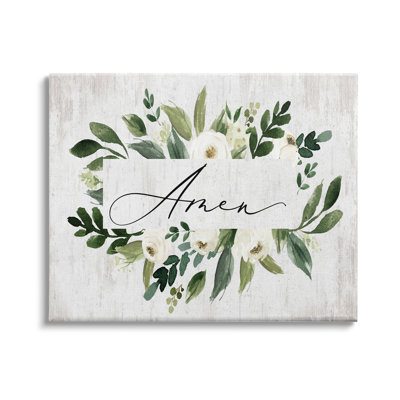 " Amen Text Green Botanical Foliage White Florals Distressed " by Lettered And Lined