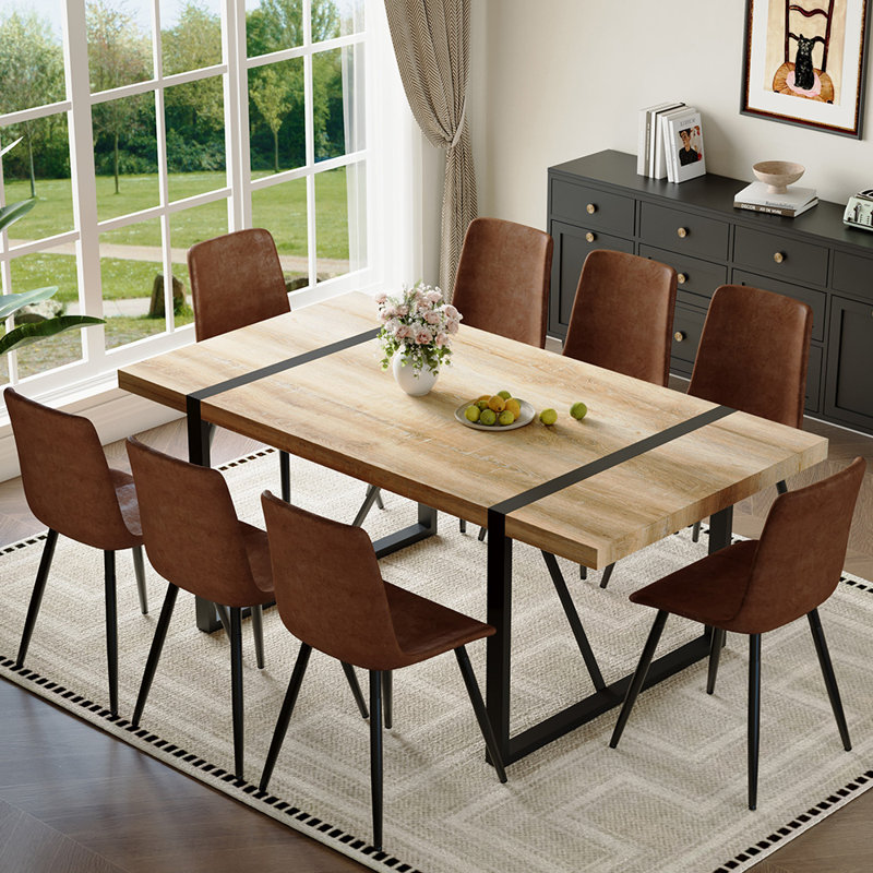 71" Modern Rectangular Dining Table Set, 9, Black/Brown