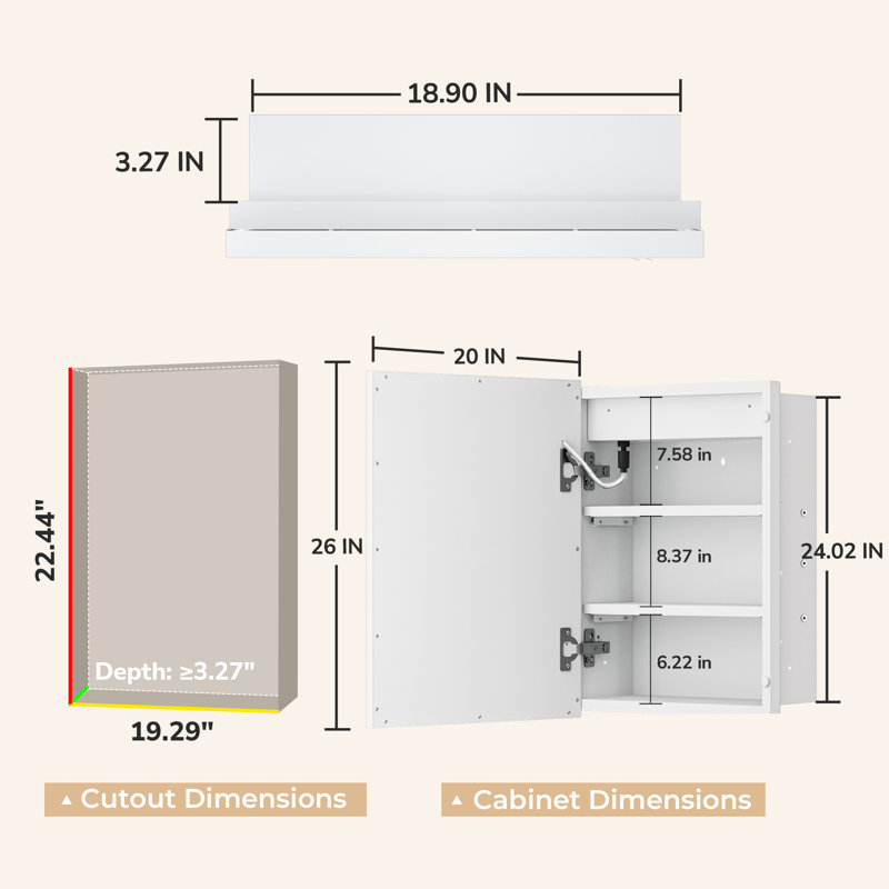 Kassady Recessed & Surface LED Lighted Bathroom Medicine Cabinet, 3-Color, 2 Outlets, Defog Mirror, 26" H x 20" W x 4" D