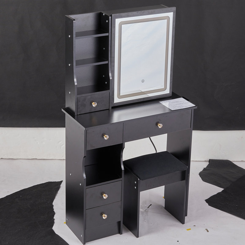 Petite coiffeuse 29,2 po avec tabouret de bureau à gauche et tabouret rembourré, grande commande tactile, interrupteur tricolore, miroir à luminosité réglable, rangement grande capacité