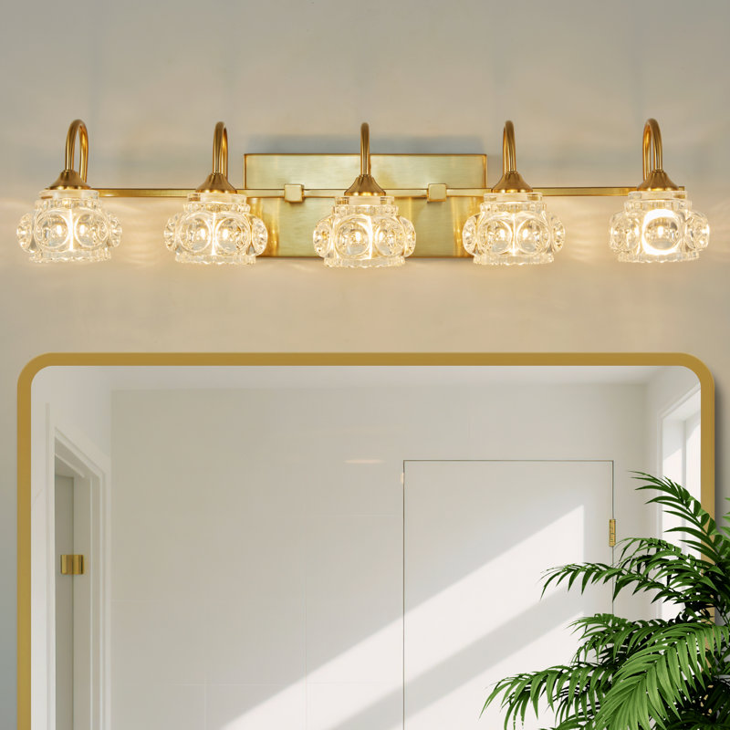Éclairage de salle de bain 5 lumières à intensité variable dorée avec abat-jour en cristal pour salle de bain, salle d'eau et miroir de meuble-lavabo