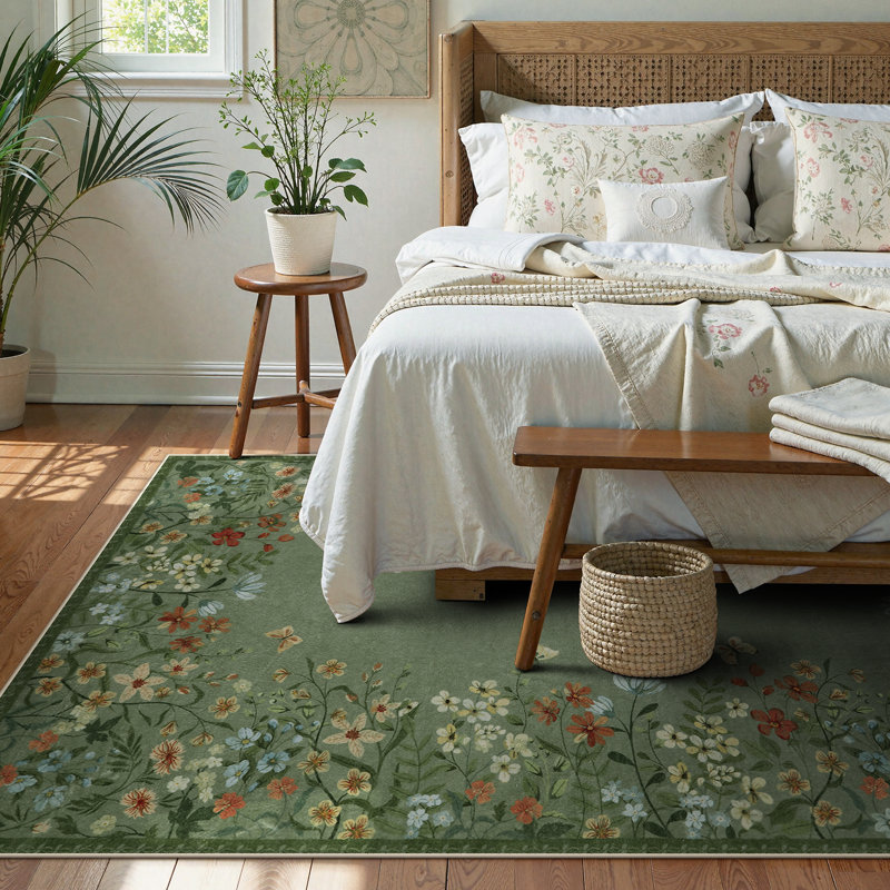  Vintage Floral Washable Area Rug with Non-Slip Backing, Low-Pile Green Rug for Living Room, Bedroom & Dining Room