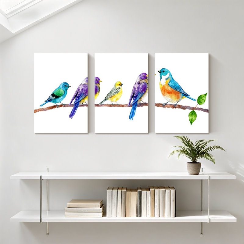 Oiseaux oiseaux colorés perchés sur une branche, ensemble de 3 impressions sur toile, H 24 po x l 48 po