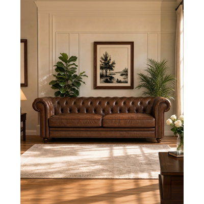 79" 3-Seater Full Grain Leather Chesterfield Sofa Couch, Mid Century, Solid Wood Frame with Legs, Supportive Cushions, Easy Assembly & Clean, Classic Vintage for Living Room Office, Brown