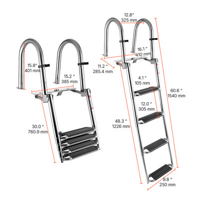Boat Ladder, 4 Steps, Stainless Steel Telescoping Folding Swim Deck Ladder for Rear Entry Inboard, 600lbs Capacity with Extra Wide Anti-Slip Steps & Handrails, for Outboards, Yacht, Pontoon Boat