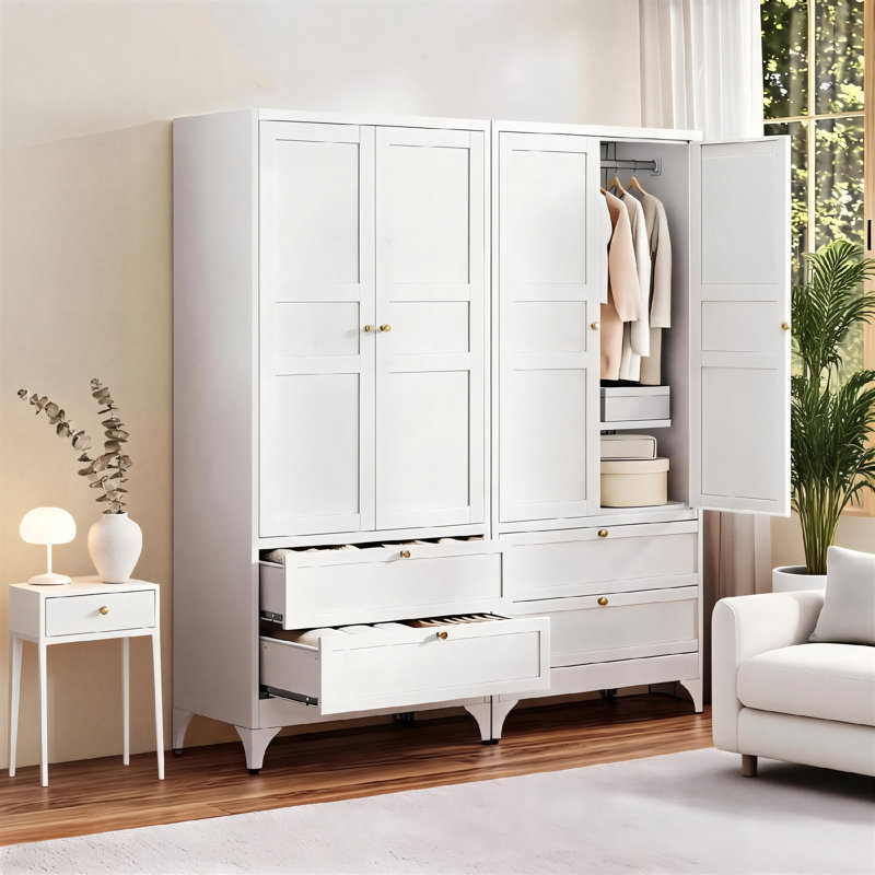 White Metal Wardrobe With Doors And Hanging Rods, Double Drawers For Storage, Suitable For Bedroom Walk-In Closets.