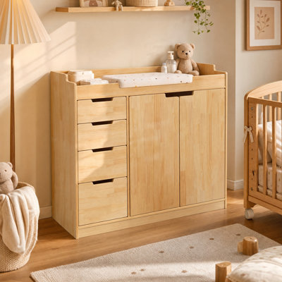 Solid Wood Baby Changing Table | Spacious Countertop, 4 Drawers  Double-Door Cabinet