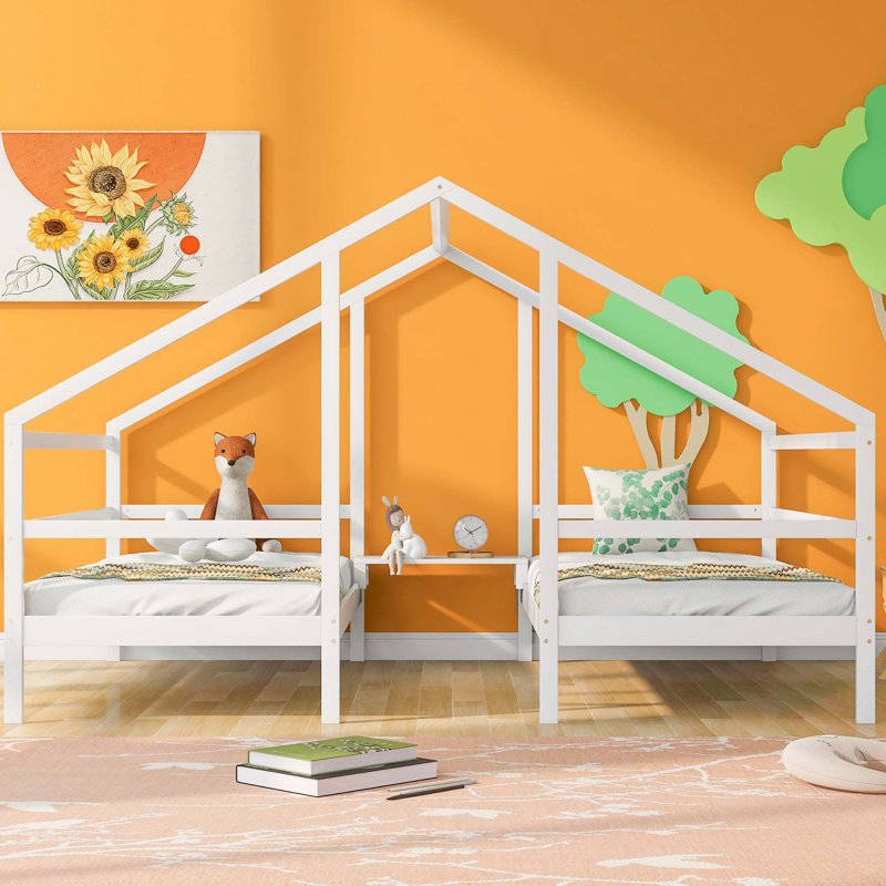 Double Triangular House Beds With Built-In Table, White