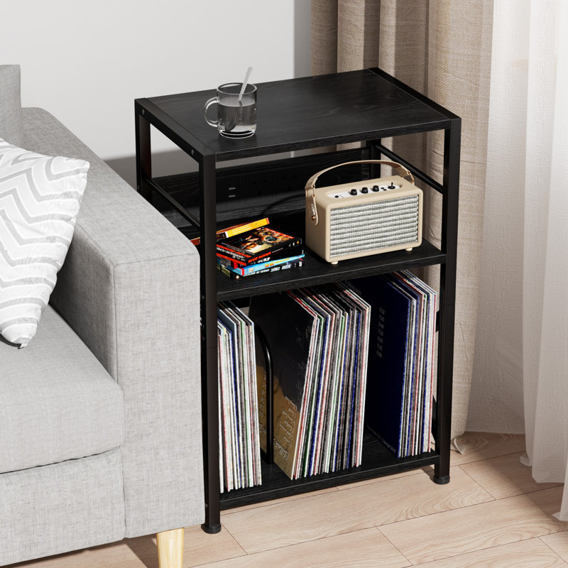 65cm H Record Player Stand with Charging Station, Black