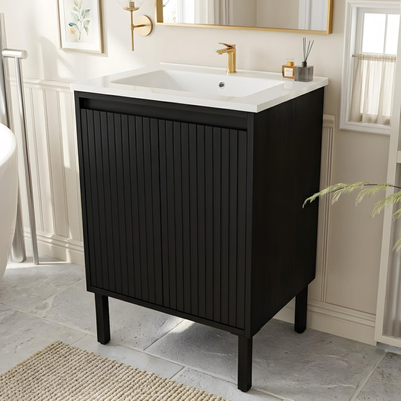 Meuble-lavabo autoportant avec lavabo en céramique, portes à fermeture en douceur et tablettes intégrées, Noir, 23