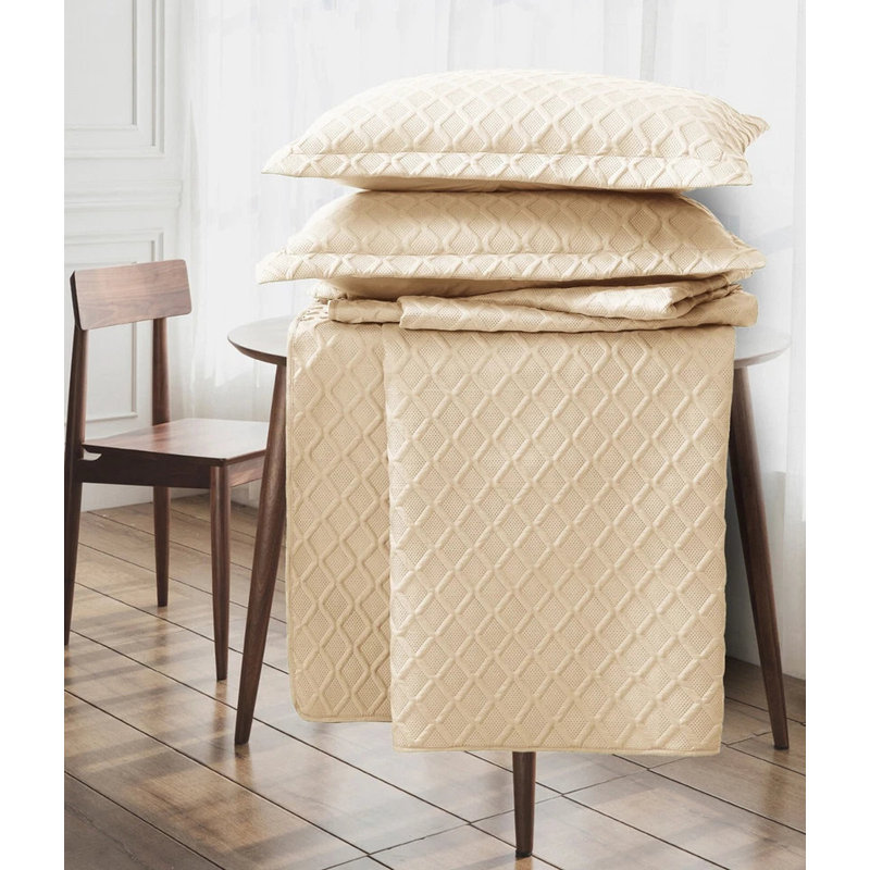 Bedspread Diamond Check Embossed Set with Pillow Shams, Textured All-Season Comfort, Single, Double, King & Super King, Beige