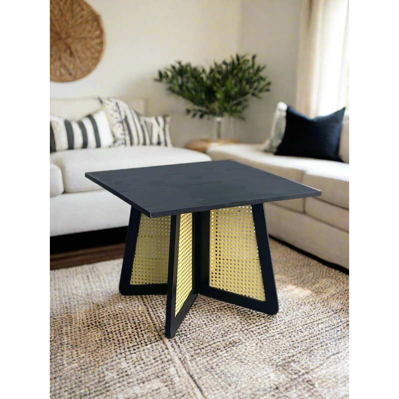 Bot Cane Square End Table with Natural Woven Inlay – Modern Wood Accent Table 