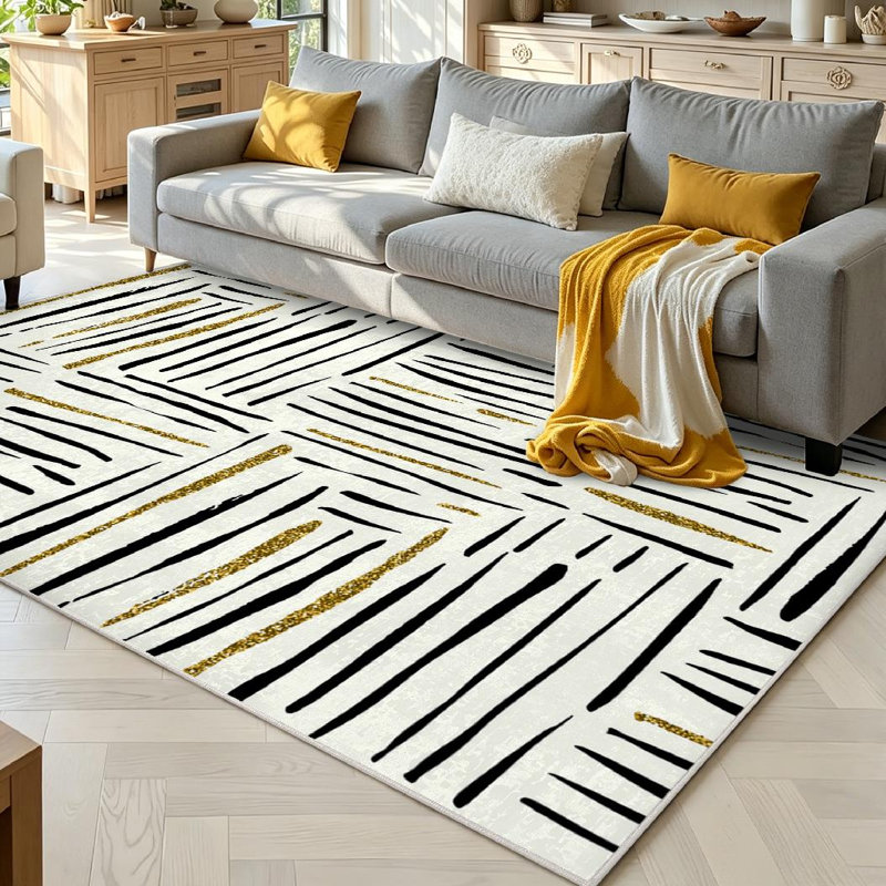 Gold Watercolor Contemporary Green White Tartan Diagonal Plaid Abstract Brush Machine Washable Indoor Area Rug