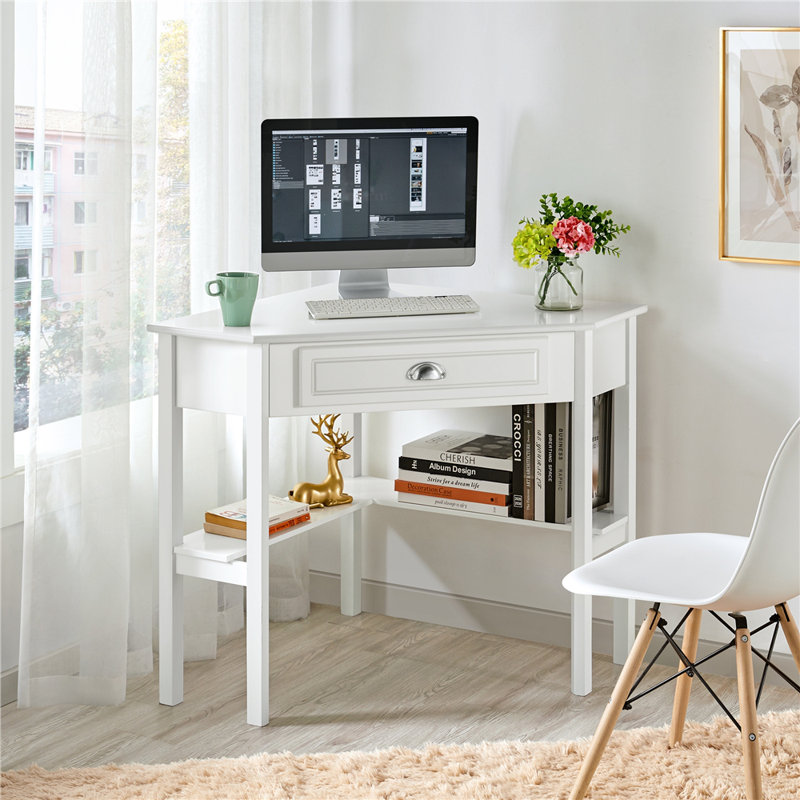 color Corner Computer Desk Home Office Writing Study Desk with Storage Drawer & Shelves, White