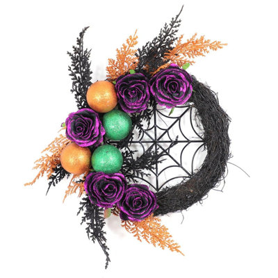 Couronne d'araignée lumineuse de 17,7 pouces avec roses mauves scintillantes et boules colorées, décoration murale effrayante de porte d'entrée