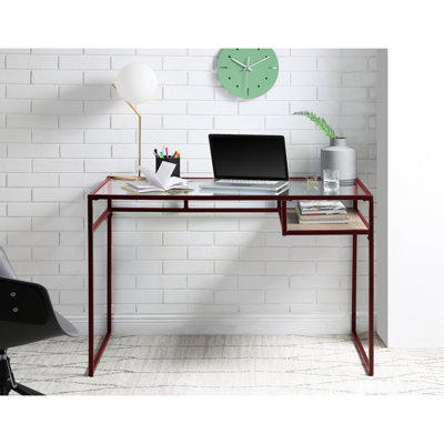 Bureau avec plateau en verre de 5 mm avec finition rouge et compartiment de base en métal transparent
