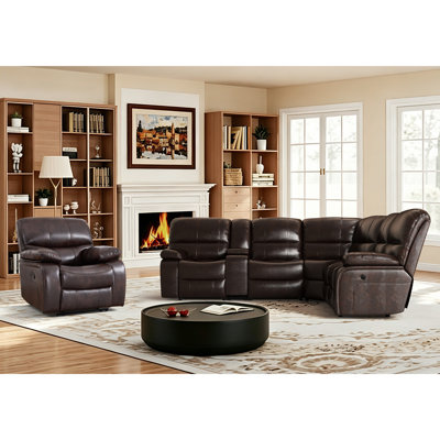 Ensemble de salon moderne 7 pièces en similicuir avec canapé d'angle inclinable électrique en forme de L, fauteuil inclinable manuel et console.