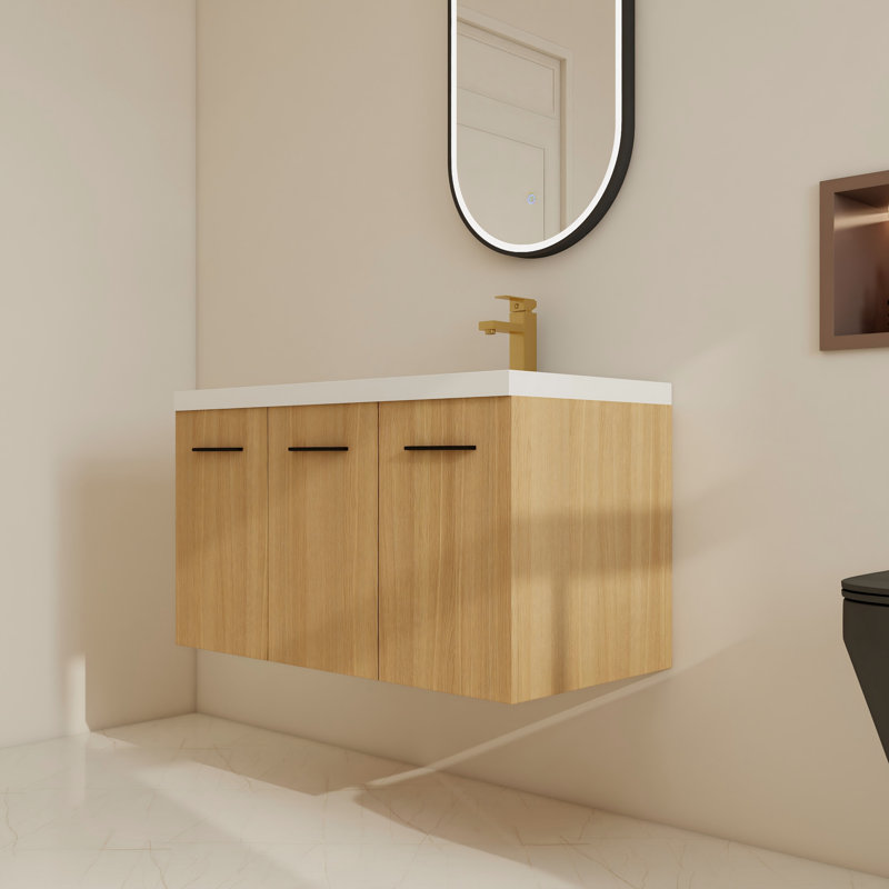 Ensemble de meuble-lavabo mural simple 36 po avec lavabo supérieur droit en résine, meuble-lavabo flottant avec porte et tablette à fermeture en douceur