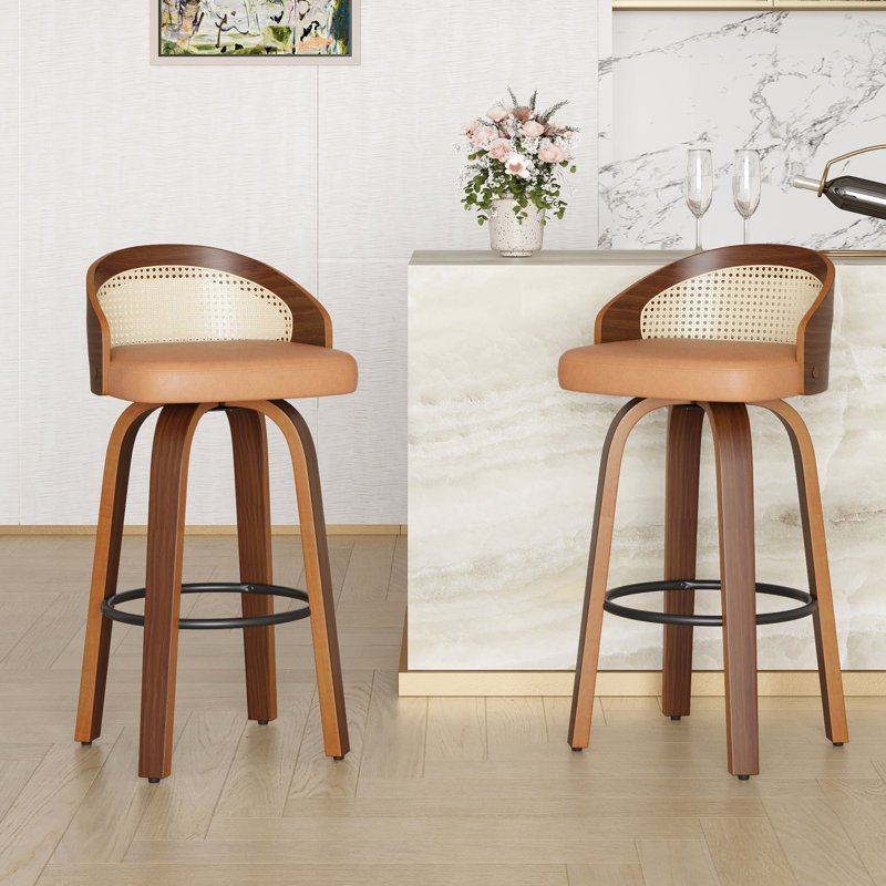 Swivel Faux Leather Cushion Rattan Back Counter & Bar Stools, Orange, Bar Stool (30" Seat Height)