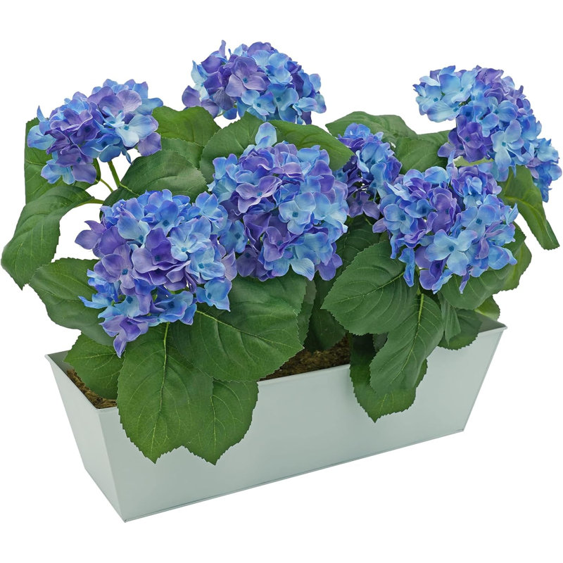 Artificial Hydrangea Flower in Tin Window Box (45cm), Blue, White