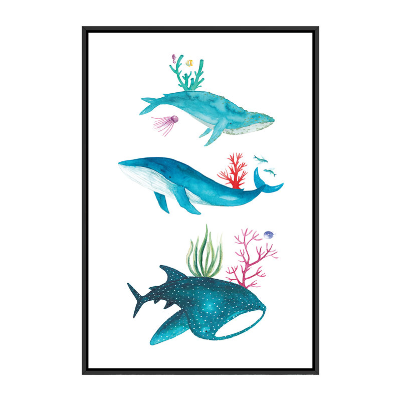 Créatures de l'océan - impression, Pas de tapis, H 60 po x l 40po x P 1,5 po, Toile avec cadre noir