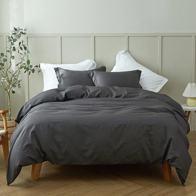 Linen Duvet Cover Set, King Duvet Cover + 2 King Pillowcases, Dark Gray