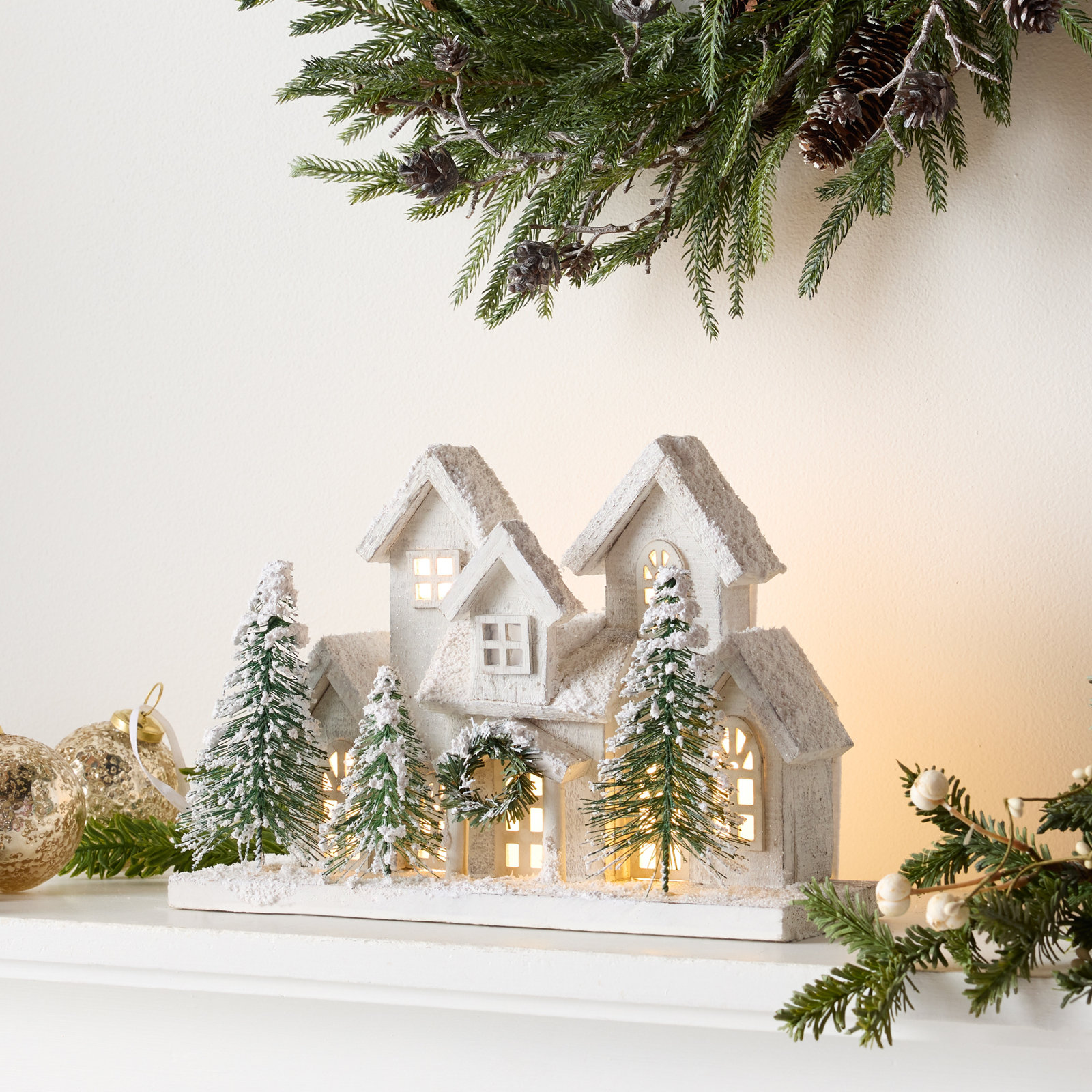 LED Flocked Holiday Village Display 12.5"L
