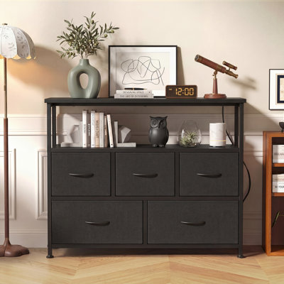 5-Drawer Fabric Dresser with Charging Station, TV Stand for Bedroom, Living Room