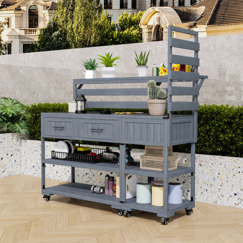 Chariot pour îlot de cuisine d'extérieur 62,5 "avec plateau en acier inoxydable, banc de rempotage et roues verrouillables