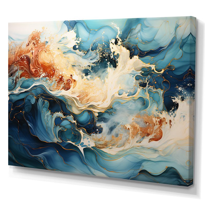 Liquide bleu et or tempête océanique I sur toile, Toile tendue, H 16 po x l 32 po x P 1 po