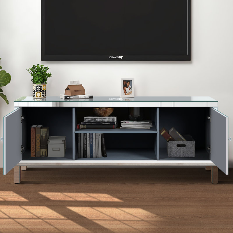 Mirrored TV Stand For 65 Inch Tvs With Open Storage And Two Cabinets