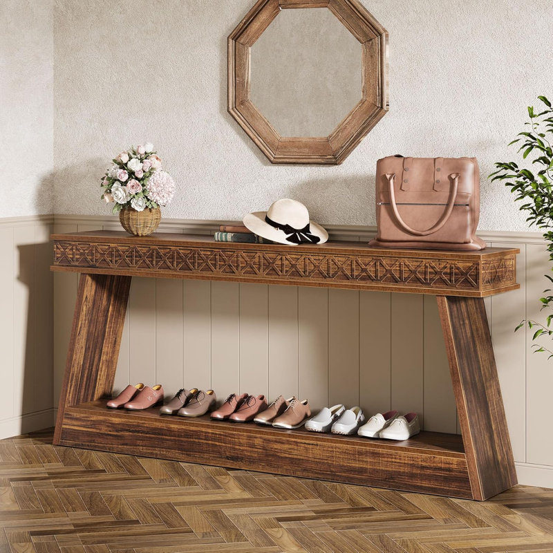 Console Farmhouse, table d'entrée très longue 71 po avec rangement, canapé étroit à 2 niveaux, Marron foncé