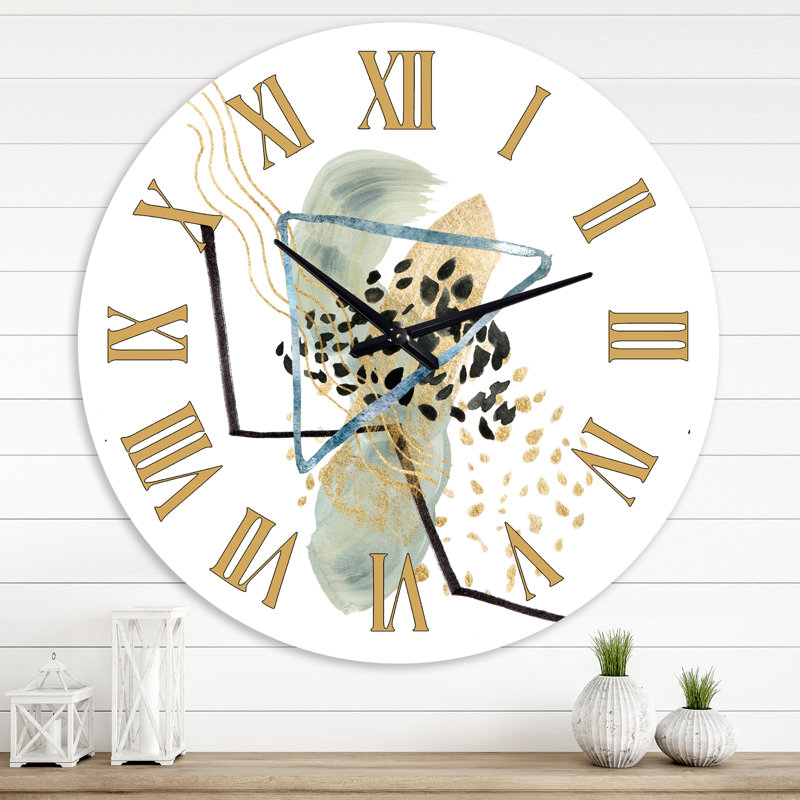 Montagnes à encre minimaliste et pois dorés - horloge murale moderne, Moyenne