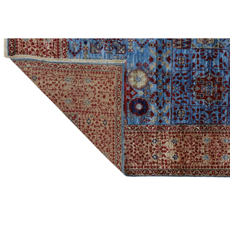 Tapis bleu et beige noué à la main de haute qualité, Rectangle 5 pi 10 po x 9 pi 1 po