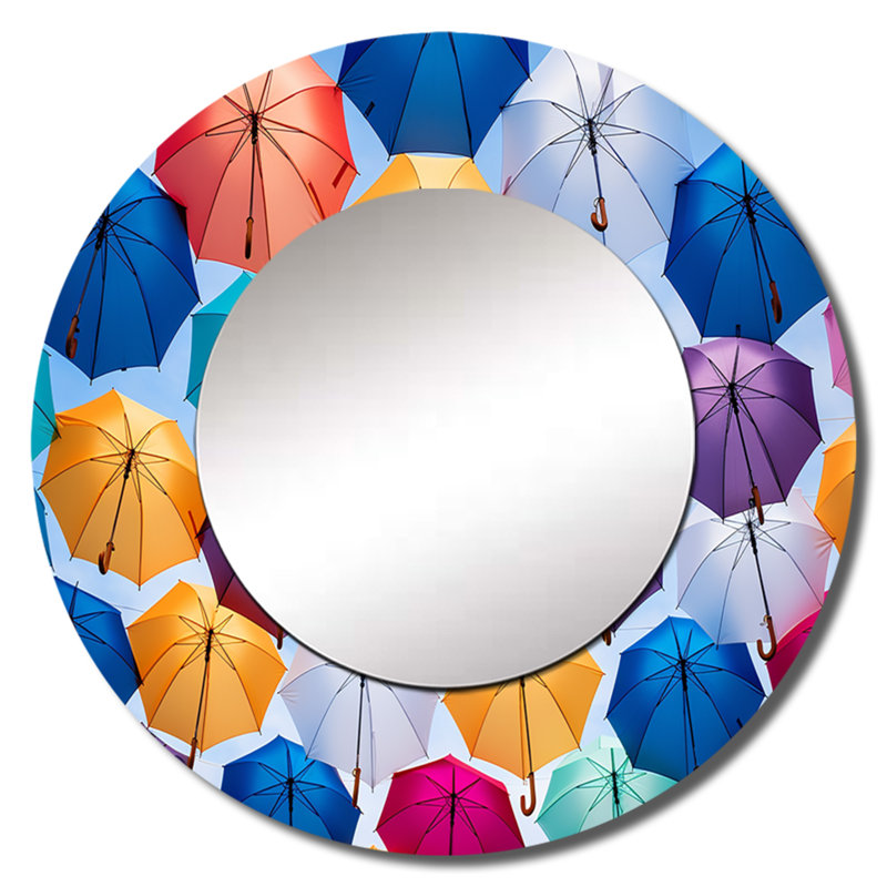 Ciel plein de parapluies colorés I - miroir mural Sky, miroir décoratif rond traditionnel, impression d'art en métal